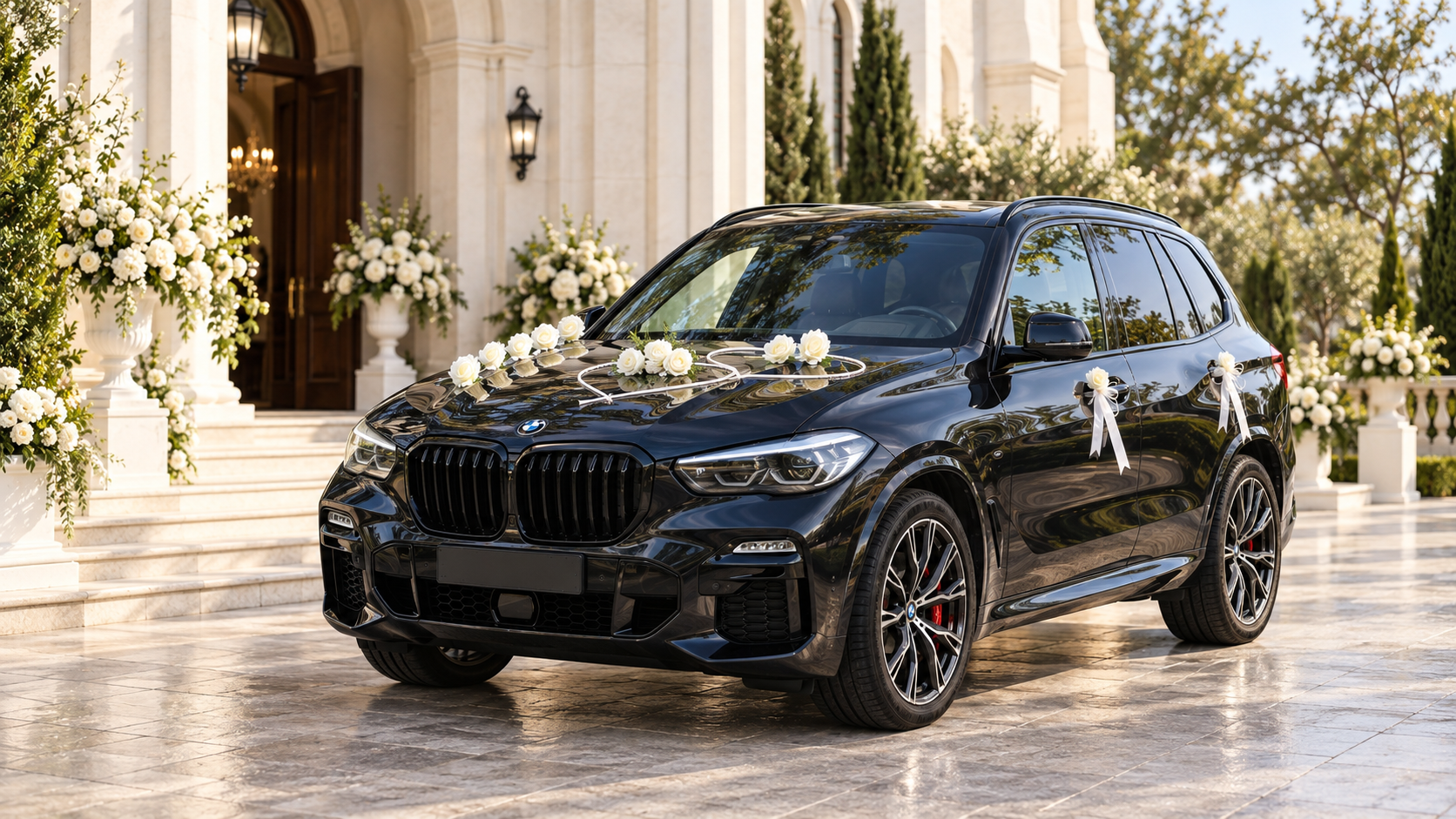 Auto do ślubu Opole – czarne BMW X5 z dekoracją przed kościołem