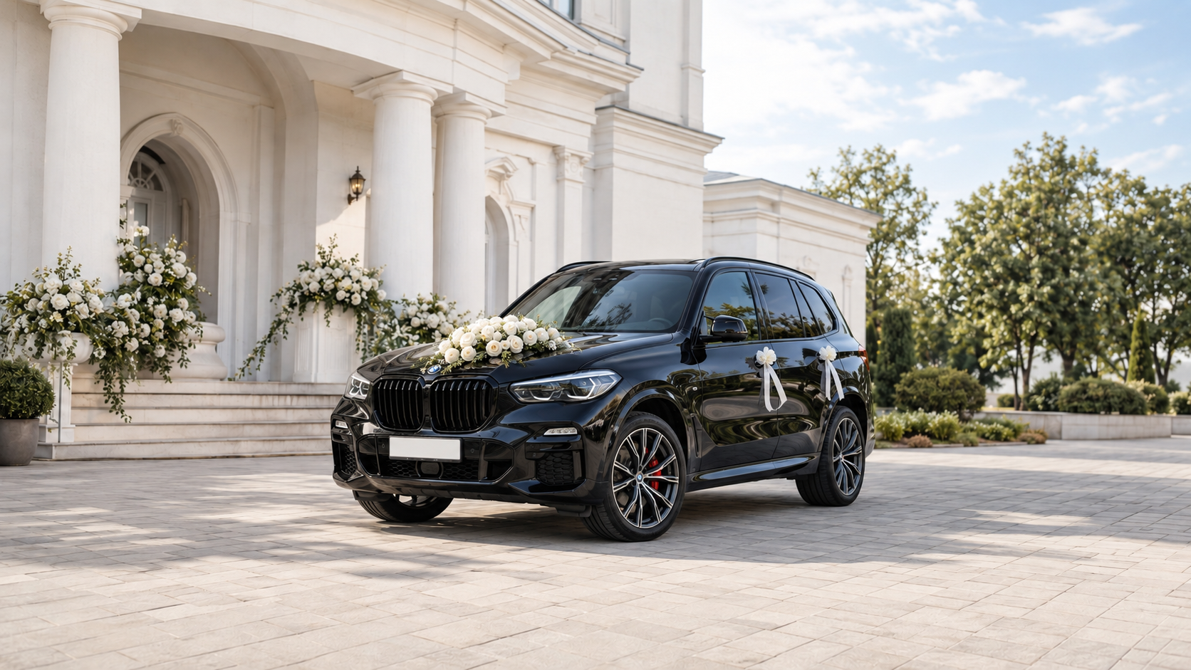 BMW do ślubu Opole udekorowane białymi kwiatami